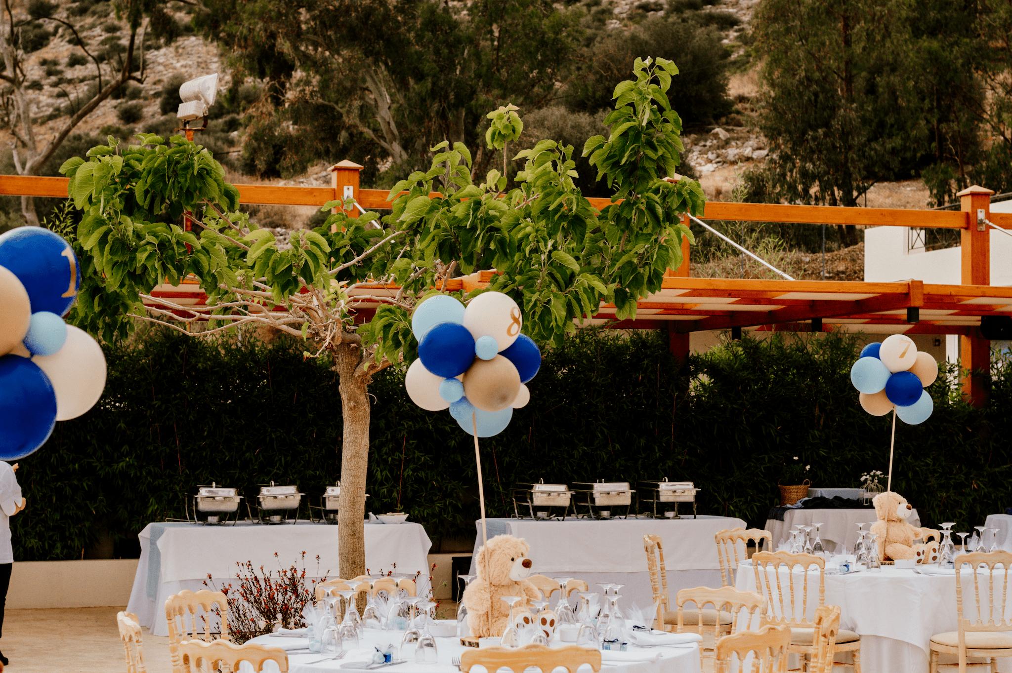 Ξύλινη πέργκολα στην οποία από κάτω εδράζετε το catering. Μπροστά από το catering μπαίνουν οι ροτόντες οι οποίες επάνω έχουν στολισμό με αρκουδάκι να κρατάει μπαλόνια και επάνω στο μπαλόνι είναι κολλημένος ο αριθμός του τραπεζιού